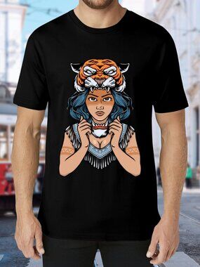 Black Graphic Tee with Tiger Headdress